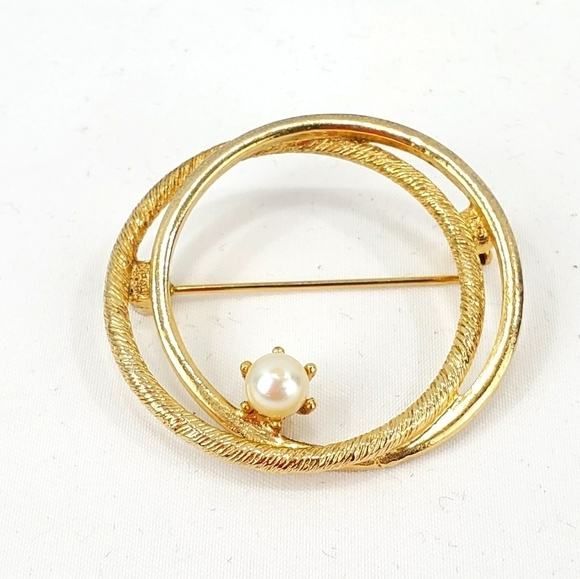 Vintage Unsigned Brooch Pin Double Hoop Faux Pearl - Picture 1 of 8